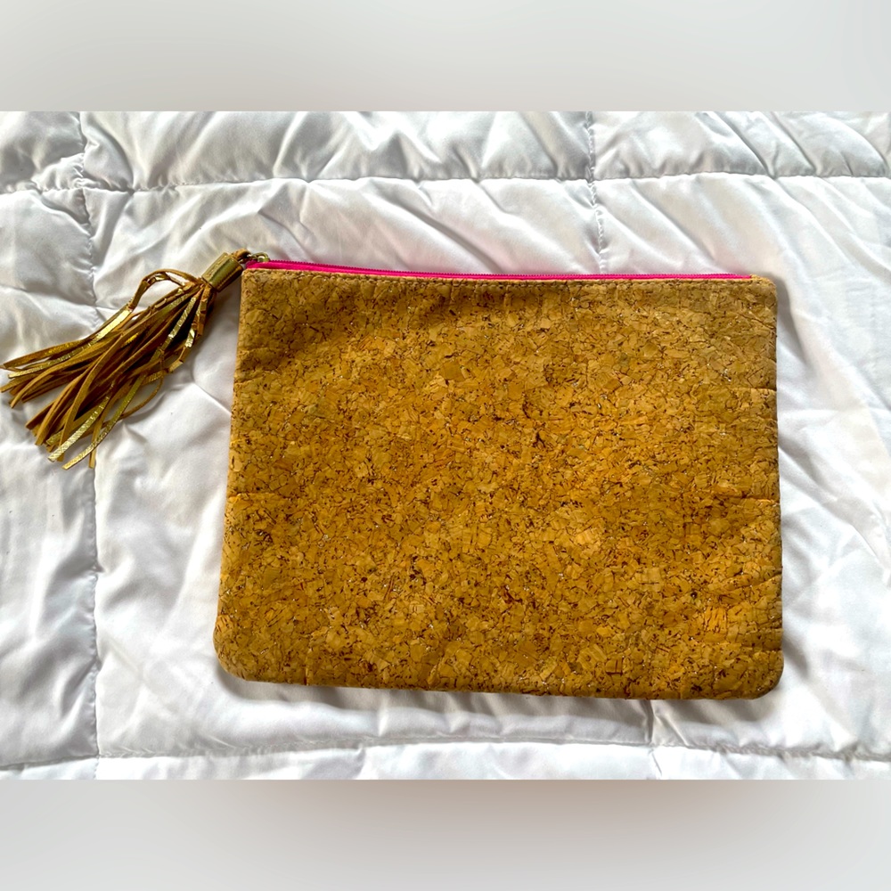 Mud Pie cork sparkle clutch with tassel
